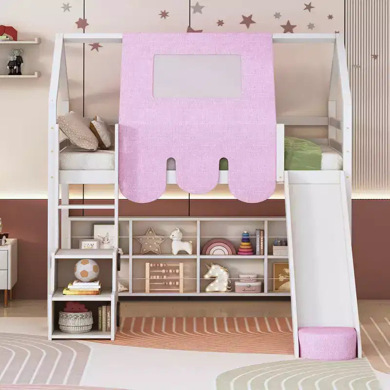 Lit mezzanine bas pour enfants avec toboggan et étagères de rangement, cadre de lit mezzanine en bois avec tente et escaliers