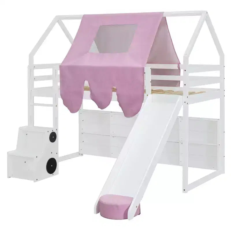 Lit mezzanine bas pour enfants avec toboggan et étagères de rangement, cadre de lit mezzanine en bois avec tente et escaliers