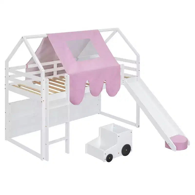 Lit mezzanine bas pour enfants avec toboggan et étagères de rangement, cadre de lit mezzanine en bois avec tente et escaliers