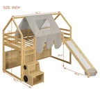 Lit mezzanine bas pour enfants avec toboggan et étagères de rangement, cadre de lit mezzanine en bois avec tente et escaliers