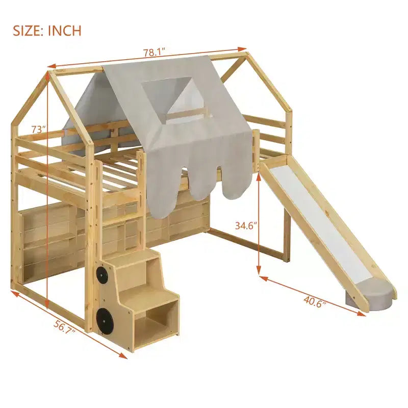 Lit mezzanine bas pour enfants avec toboggan et étagères de rangement, cadre de lit mezzanine en bois avec tente et escaliers