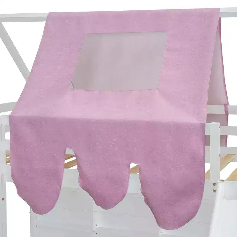 Lit mezzanine bas pour enfants avec toboggan et étagères de rangement, cadre de lit mezzanine en bois avec tente et escaliers