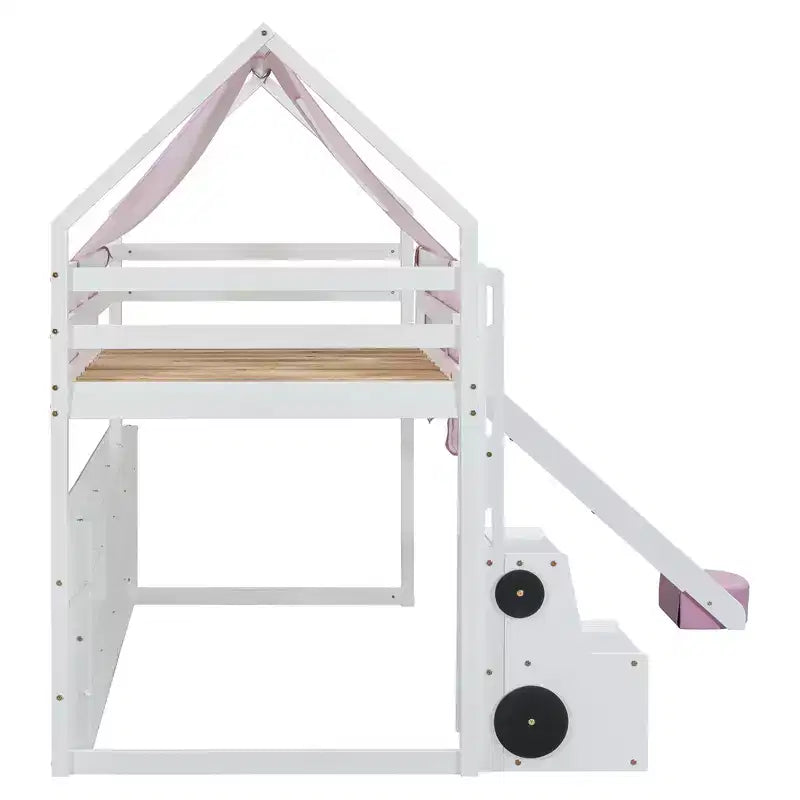 Lit mezzanine bas pour enfants avec toboggan et étagères de rangement, cadre de lit mezzanine en bois avec tente et escaliers