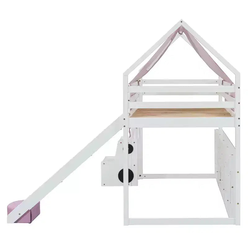 Lit mezzanine bas pour enfants avec toboggan et étagères de rangement, cadre de lit mezzanine en bois avec tente et escaliers