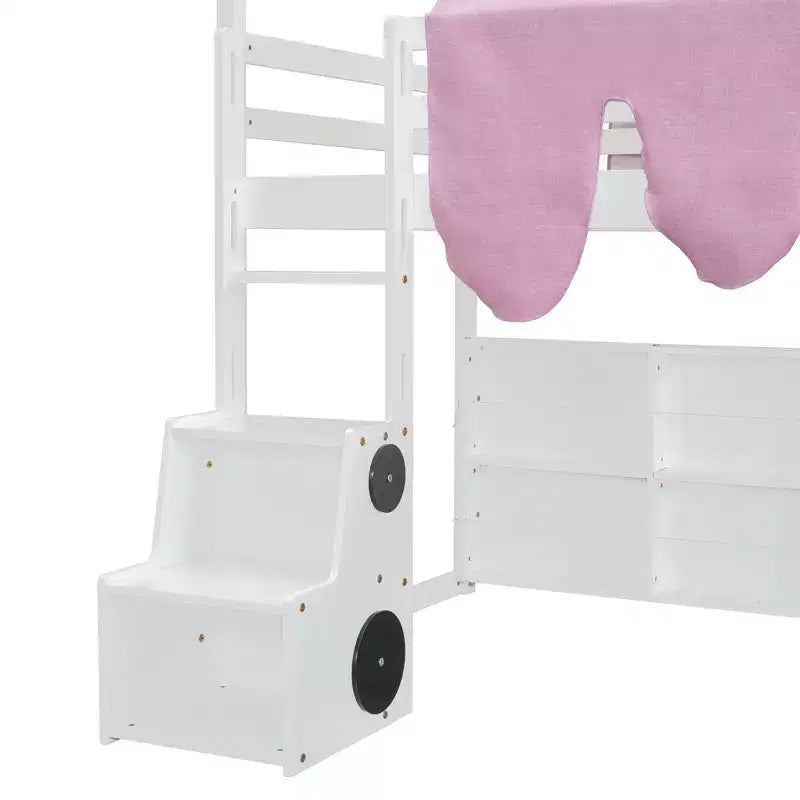 Lit mezzanine bas pour enfants avec toboggan et étagères de rangement, cadre de lit mezzanine en bois avec tente et escaliers