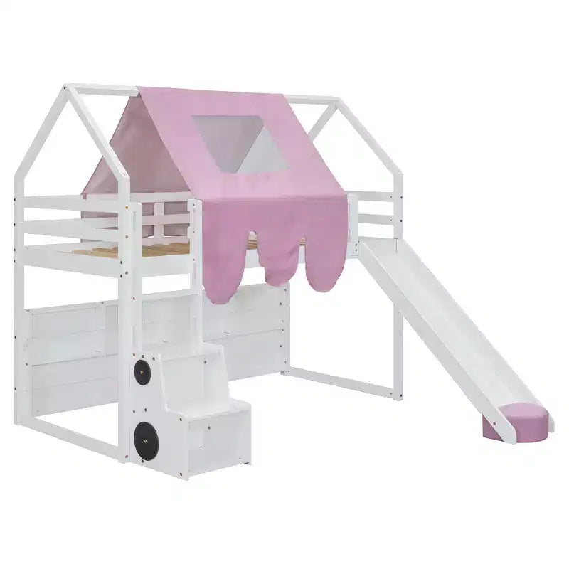 Lit mezzanine bas pour enfants avec toboggan et étagères de rangement, cadre de lit mezzanine en bois avec tente et escaliers