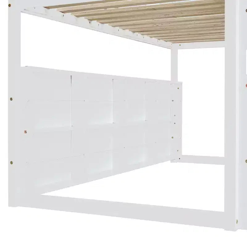 Lit mezzanine bas pour enfants avec toboggan et étagères de rangement, cadre de lit mezzanine en bois avec tente et escaliers