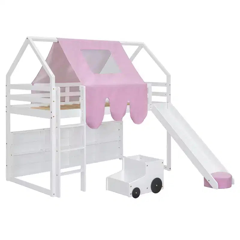 Lit mezzanine bas pour enfants avec toboggan et étagères de rangement, cadre de lit mezzanine en bois avec tente et escaliers