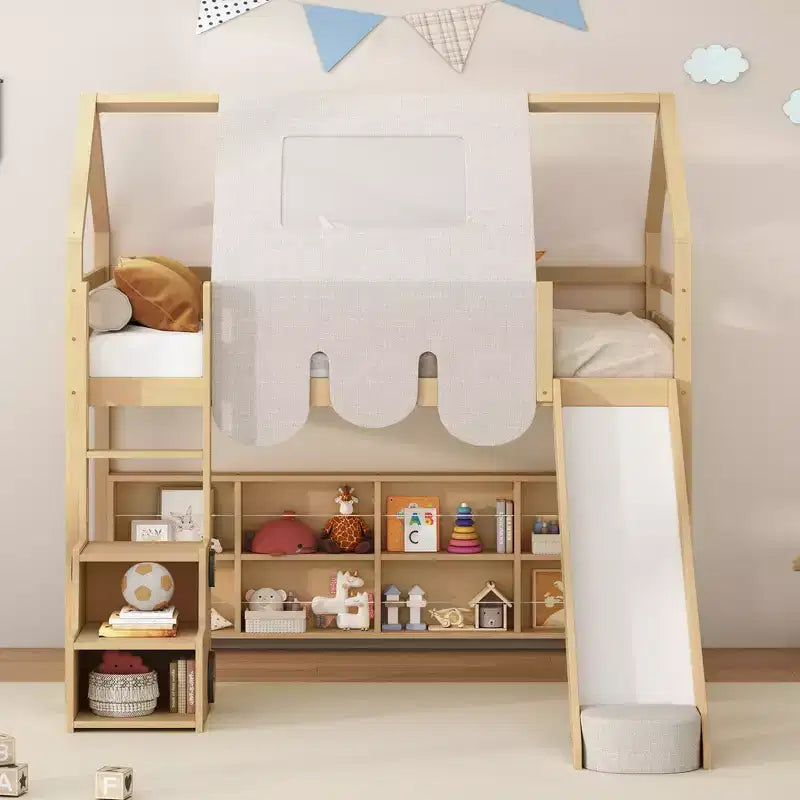 Lit mezzanine bas pour enfants avec toboggan et étagères de rangement, cadre de lit mezzanine en bois avec tente et escaliers