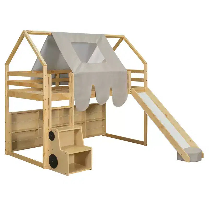 Lit mezzanine bas pour enfants avec toboggan et étagères de rangement, cadre de lit mezzanine en bois avec tente et escaliers