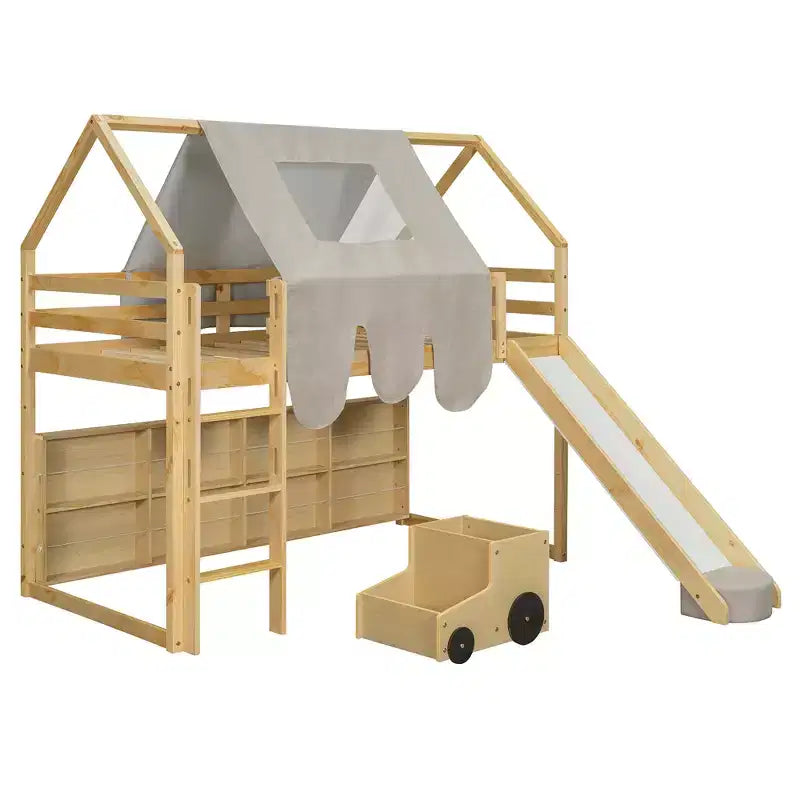 Lit mezzanine bas pour enfants avec toboggan et étagères de rangement, cadre de lit mezzanine en bois avec tente et escaliers