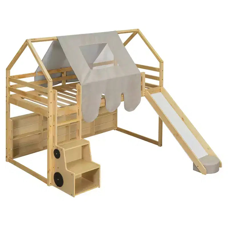 Lit mezzanine bas pour enfants avec toboggan et étagères de rangement, cadre de lit mezzanine en bois avec tente et escaliers