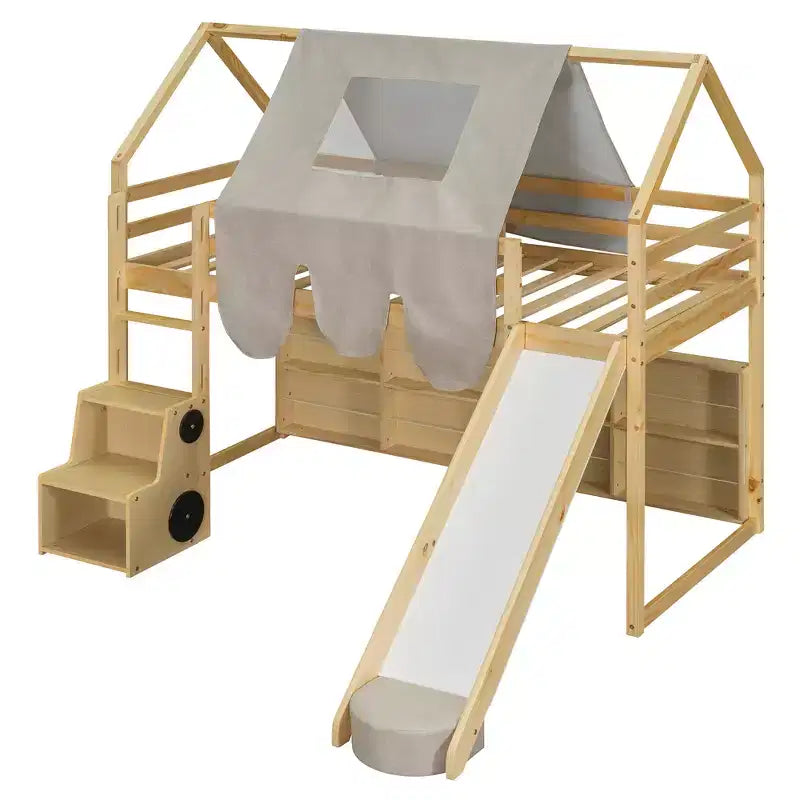 Lit mezzanine bas pour enfants avec toboggan et étagères de rangement, cadre de lit mezzanine en bois avec tente et escaliers