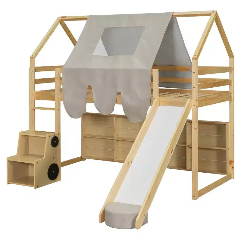 Lit mezzanine bas pour enfants avec toboggan et étagères de rangement, cadre de lit mezzanine en bois avec tente et escaliers
