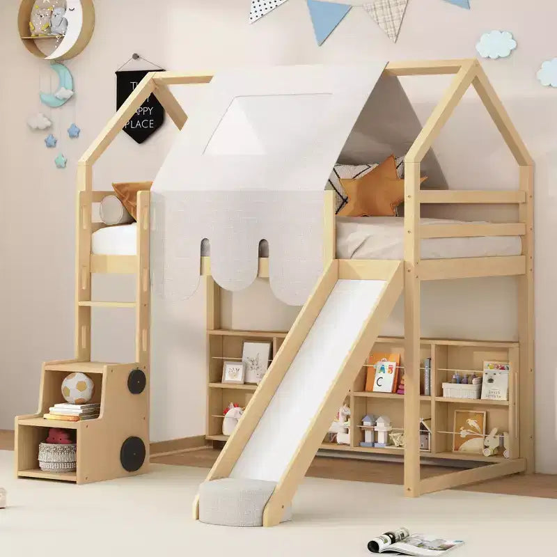 Kids Low House Loft Bed with Slide and Storage Shelves, WoodPlayhouse Loft Bed Frame with Tent & Stairs