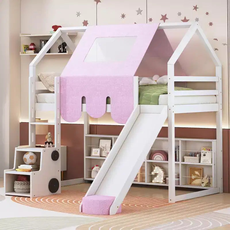 Lit mezzanine bas pour enfants avec toboggan et étagères de rangement, cadre de lit mezzanine en bois avec tente et escaliers