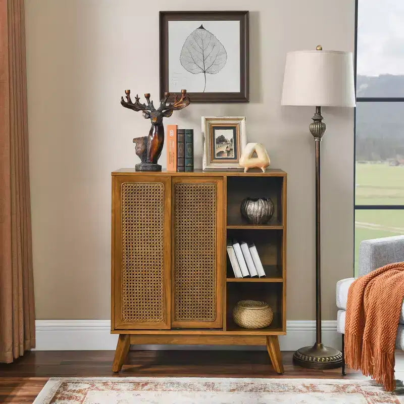 MAYEERTY Mid Century Modern Rattan Sideboard Buffet Cabinet with Adjustable Shelf Solid Wood Feet Rattan Doors Walmut