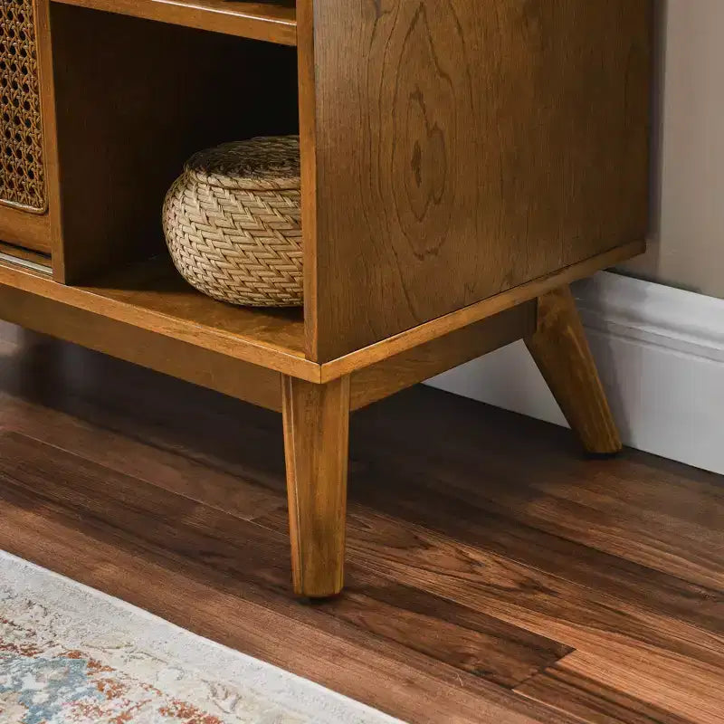 Bahut Buffet Rotin Moderne du Milieu du Siècle avec Étagère Réglable Pieds en Bois Massif Portes en Rotin Noyer