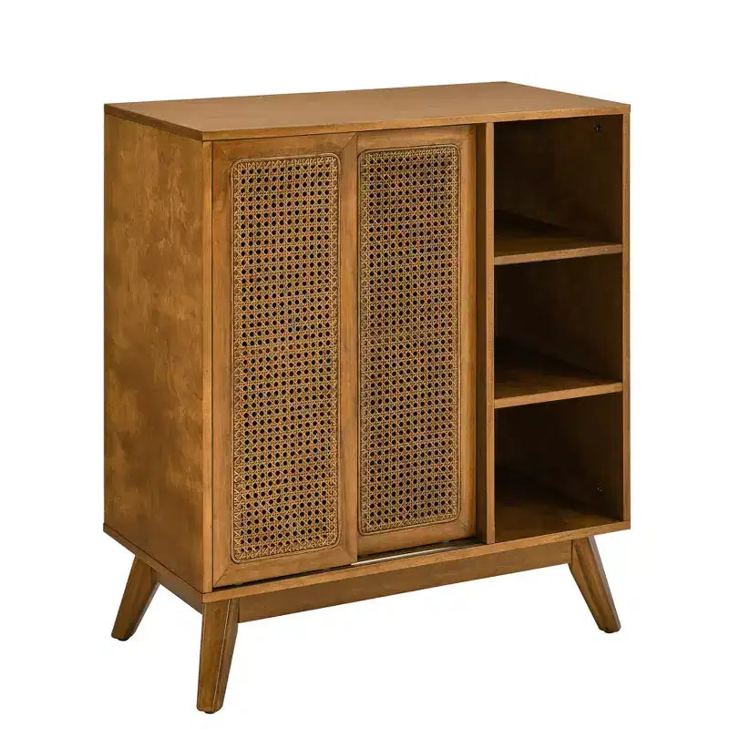 Bahut Buffet Rotin Moderne du Milieu du Siècle avec Étagère Réglable Pieds en Bois Massif Portes en Rotin Noyer