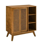 Bahut Buffet Rotin Moderne du Milieu du Siècle avec Étagère Réglable Pieds en Bois Massif Portes en Rotin Noyer