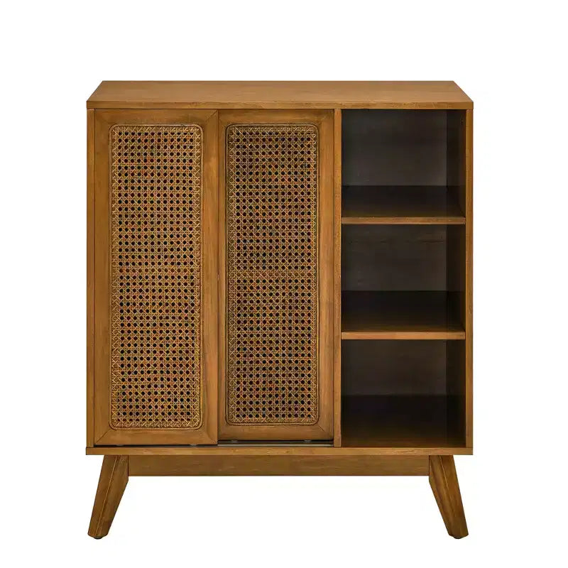 Bahut Buffet Rotin Moderne du Milieu du Siècle avec Étagère Réglable Pieds en Bois Massif Portes en Rotin Noyer