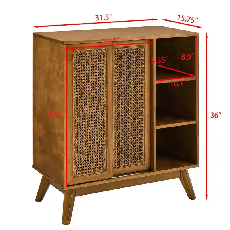 Bahut Buffet Rotin Moderne du Milieu du Siècle avec Étagère Réglable Pieds en Bois Massif Portes en Rotin Noyer