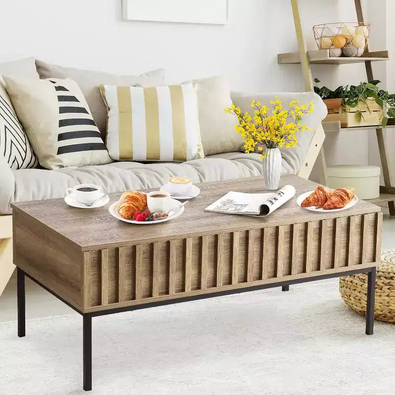 43in Wide Wood Lift Top Coffee Table with Large Hidden Storage Compartment, Lift Tabletop Dining Center Table for Living Room Office Home, Brown