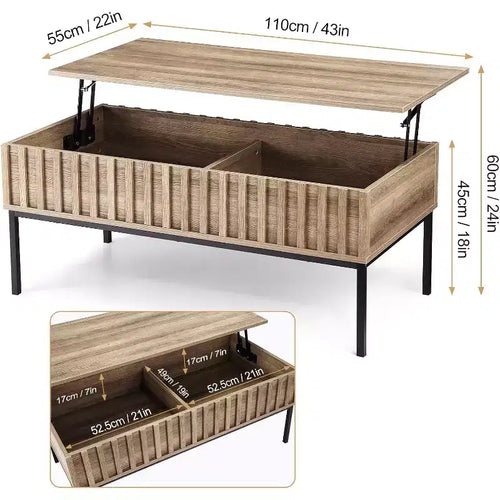 Table basse relevable en bois de 109 cm de large avec grand compartiment de rangement caché, table basse relevable pour salle à manger, salon, bureau, maison, marron