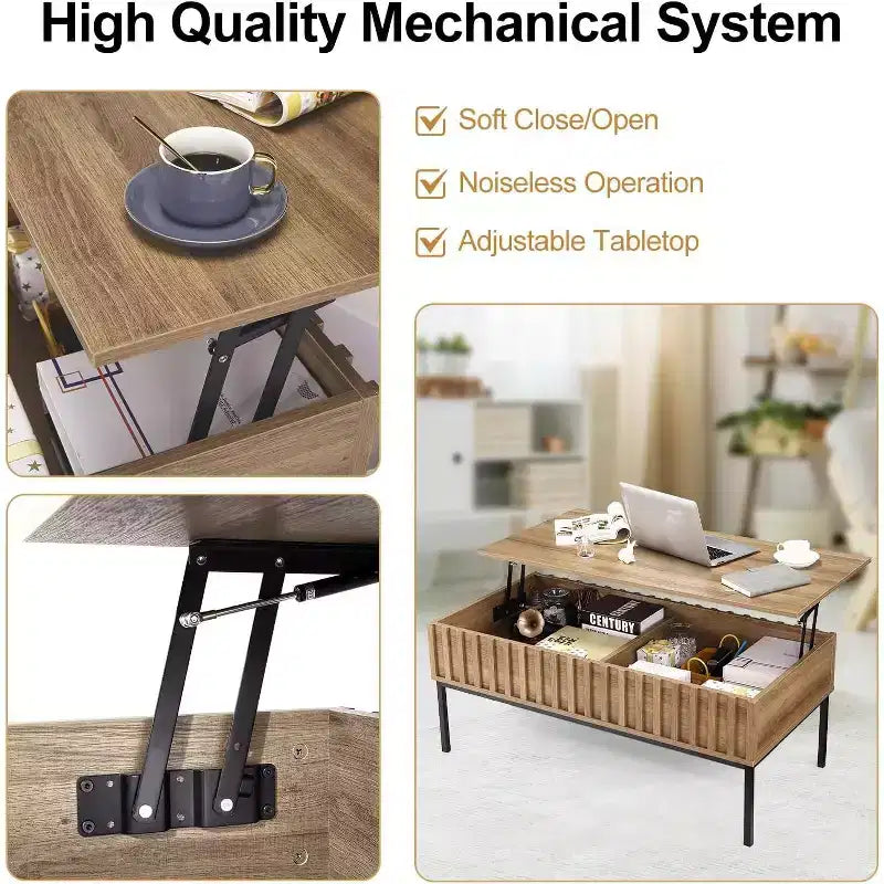 Table basse relevable en bois de 109 cm de large avec grand compartiment de rangement caché, table basse relevable pour salle à manger, salon, bureau, maison, marron