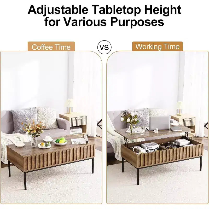 Table basse relevable en bois de 109 cm de large avec grand compartiment de rangement caché, table basse relevable pour salle à manger, salon, bureau, maison, marron