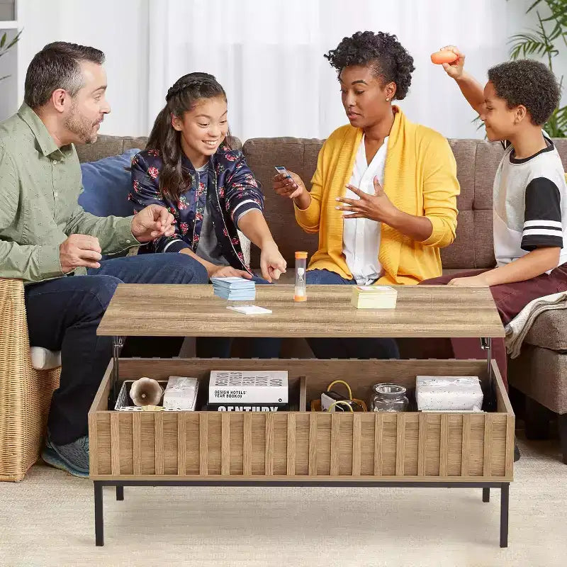 Table basse relevable en bois de 109 cm de large avec grand compartiment de rangement caché, table basse relevable pour salle à manger, salon, bureau, maison, marron