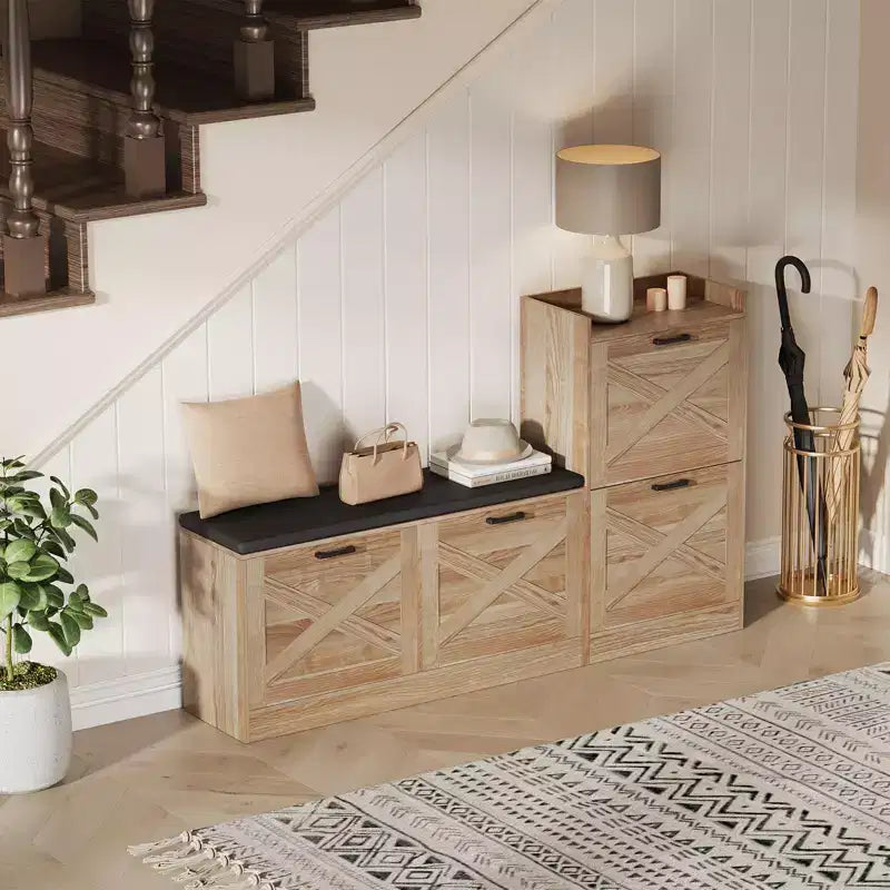 Farmhouse Shoe Cabinet, Wooden Entryway Bench with 4 Flip Drawers, Narrow Hidden Shoe Organizer, Freestanding Shoe Rack for Hallway Foyer