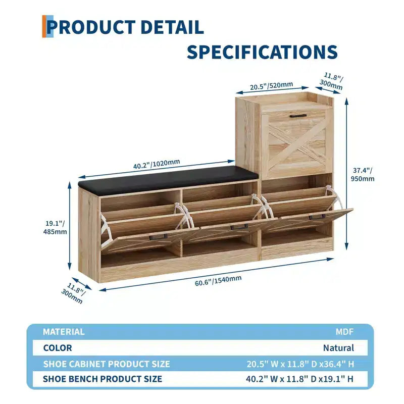 Meuble à chaussures de ferme, Banc d'entrée en bois avec 4 tiroirs basculants, Organisateur de chaussures étroit et caché, Étagère à chaussures autoportante pour couloir et foyer
