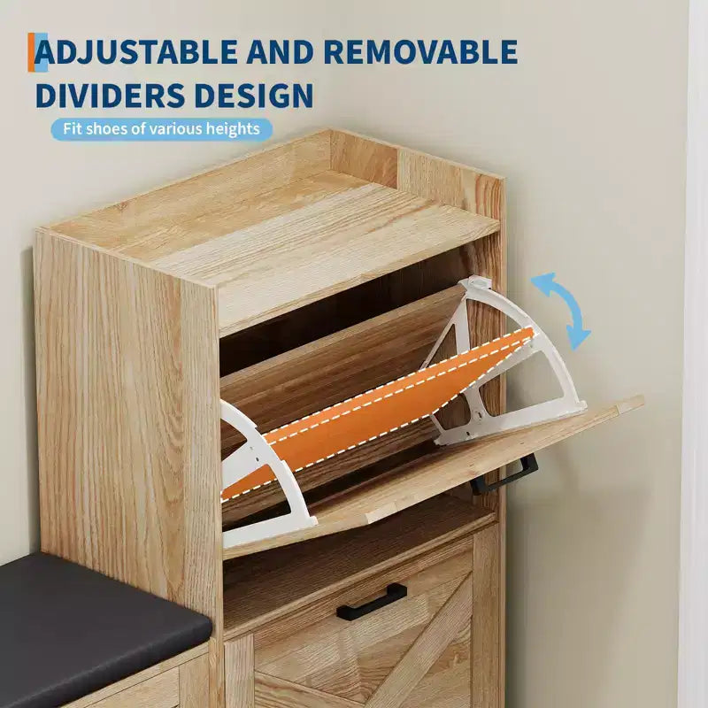 Meuble à chaussures de ferme, Banc d'entrée en bois avec 4 tiroirs basculants, Organisateur de chaussures étroit et caché, Étagère à chaussures autoportante pour couloir et foyer