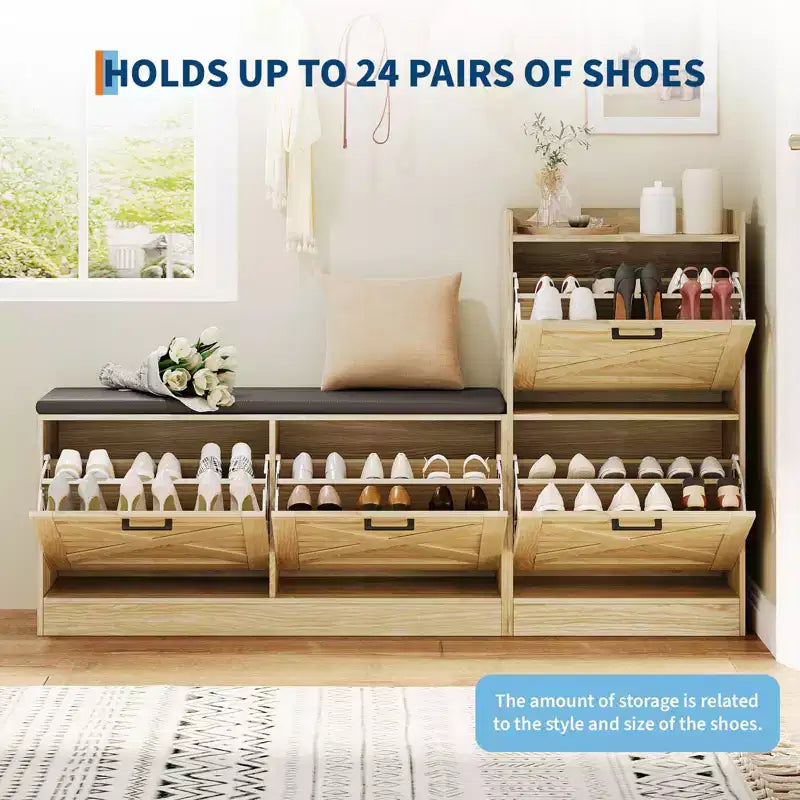 Meuble à chaussures de ferme, Banc d'entrée en bois avec 4 tiroirs basculants, Organisateur de chaussures étroit et caché, Étagère à chaussures autoportante pour couloir et foyer