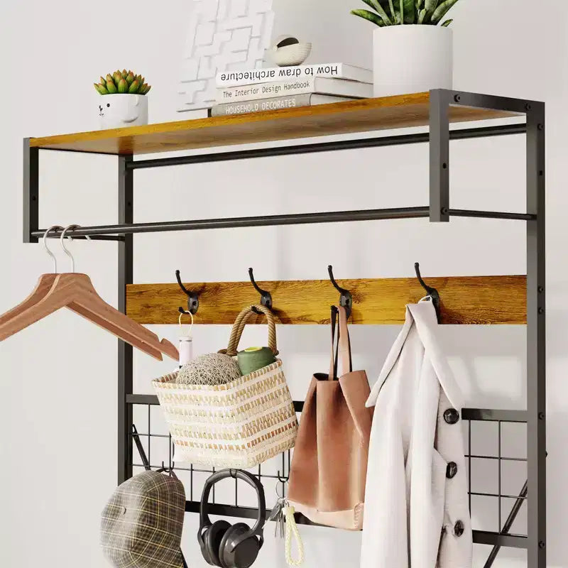 Porte-manteau 5 en 1, Meuble d'entrée 184 cm avec banc et patères pour l'entrée, le couloir, la chambre