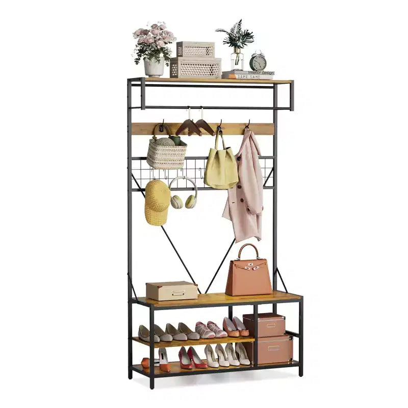 Porte-manteau 5 en 1, Meuble d'entrée 184 cm avec banc et patères pour l'entrée, le couloir, la chambre