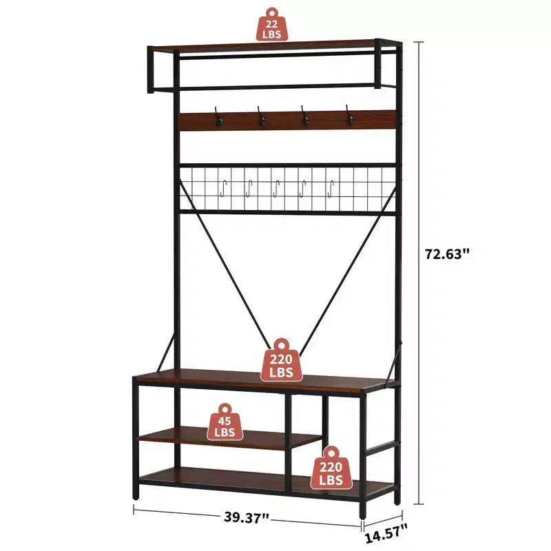 Porte-manteau 5 en 1, Meuble d'entrée 184 cm avec banc et patères pour l'entrée, le couloir, la chambre