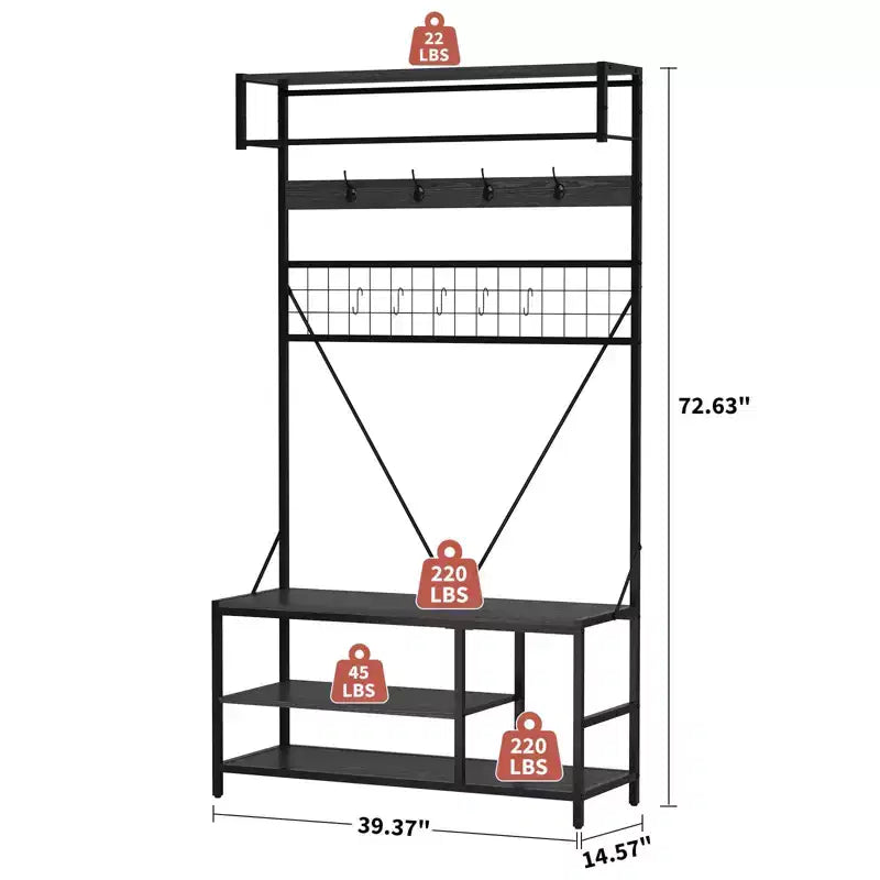 Porte-manteau 5 en 1, Meuble d'entrée 184 cm avec banc et patères pour l'entrée, le couloir, la chambre