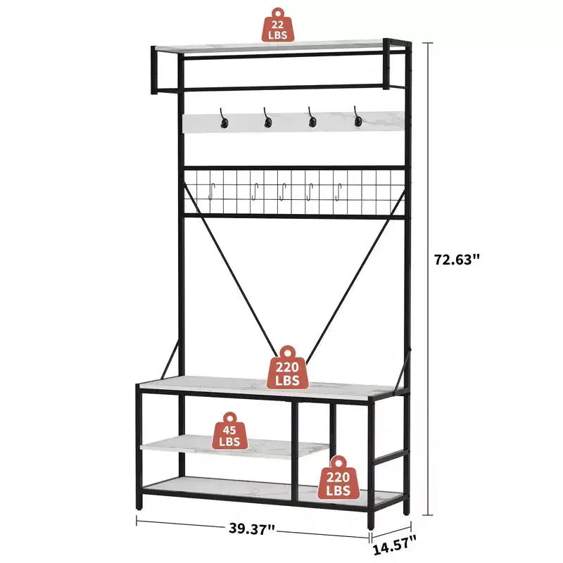 Porte-manteau 5 en 1, Meuble d'entrée 184 cm avec banc et patères pour l'entrée, le couloir, la chambre