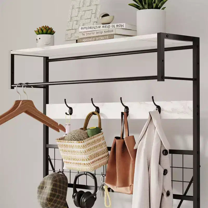 Porte-manteau 5 en 1, Meuble d'entrée 184 cm avec banc et patères pour l'entrée, le couloir, la chambre