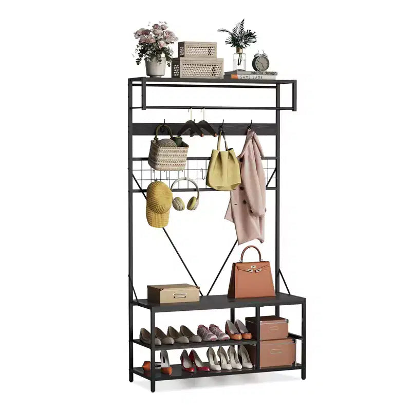 Porte-manteau 5 en 1, Meuble d'entrée 184 cm avec banc et patères pour l'entrée, le couloir, la chambre