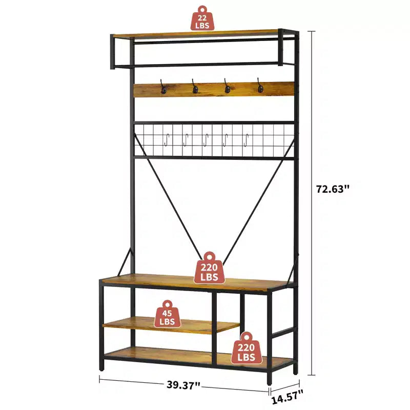 Porte-manteau 5 en 1, Meuble d'entrée 184 cm avec banc et patères pour l'entrée, le couloir, la chambre