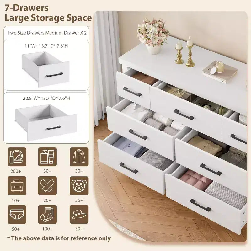 Commode en bois à 7 tiroirs pour chambre à coucher, meuble de rangement avec poignées en métal, organisateur pour salon, placard, entrée, chambre d'enfant, élégante et fonctionnelle