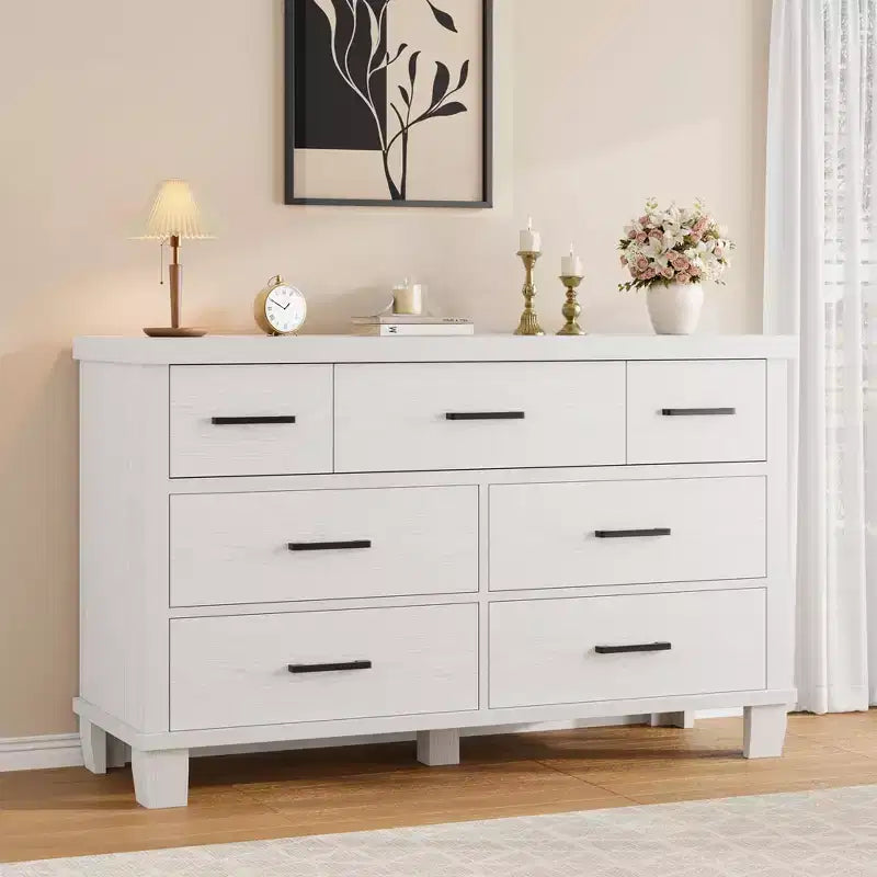 Commode en bois à 7 tiroirs pour chambre à coucher, meuble de rangement avec poignées en métal, organisateur pour salon, placard, entrée, chambre d'enfant, élégante et fonctionnelle