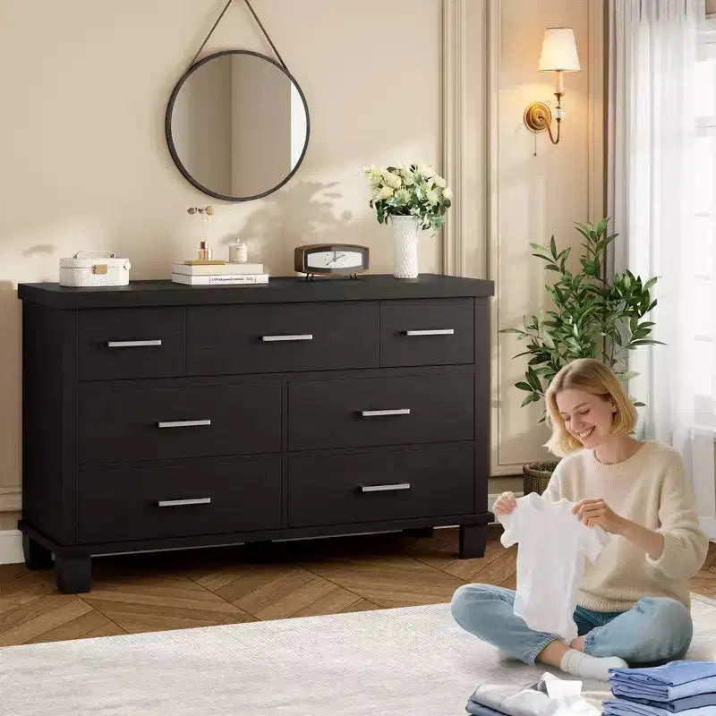 Commode en bois à 7 tiroirs pour chambre à coucher, meuble de rangement avec poignées en métal, organisateur pour salon, placard, entrée, chambre d'enfant, élégante et fonctionnelle