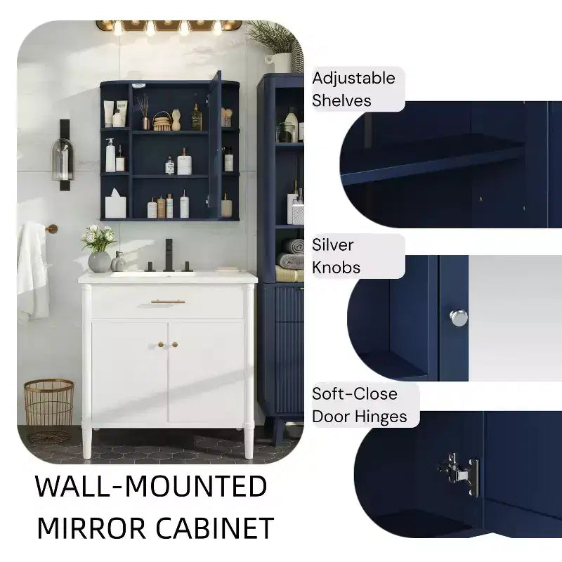Armoire à pharmacie de salle de bain murale en bois moderne avec miroir et étagères ouvertes
