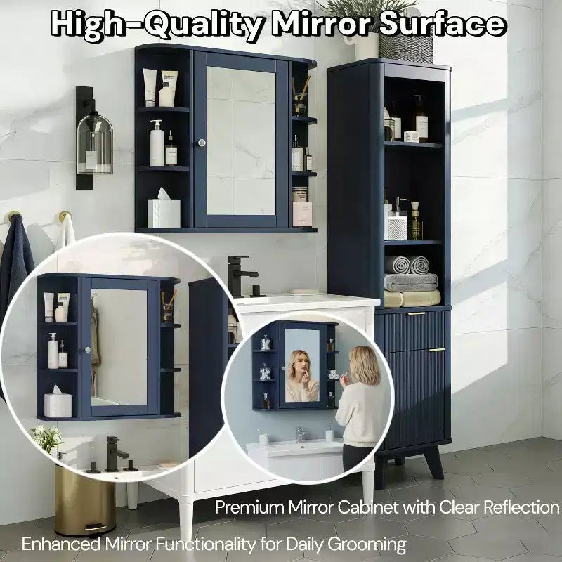 Armoire à pharmacie de salle de bain murale en bois moderne avec miroir et étagères ouvertes