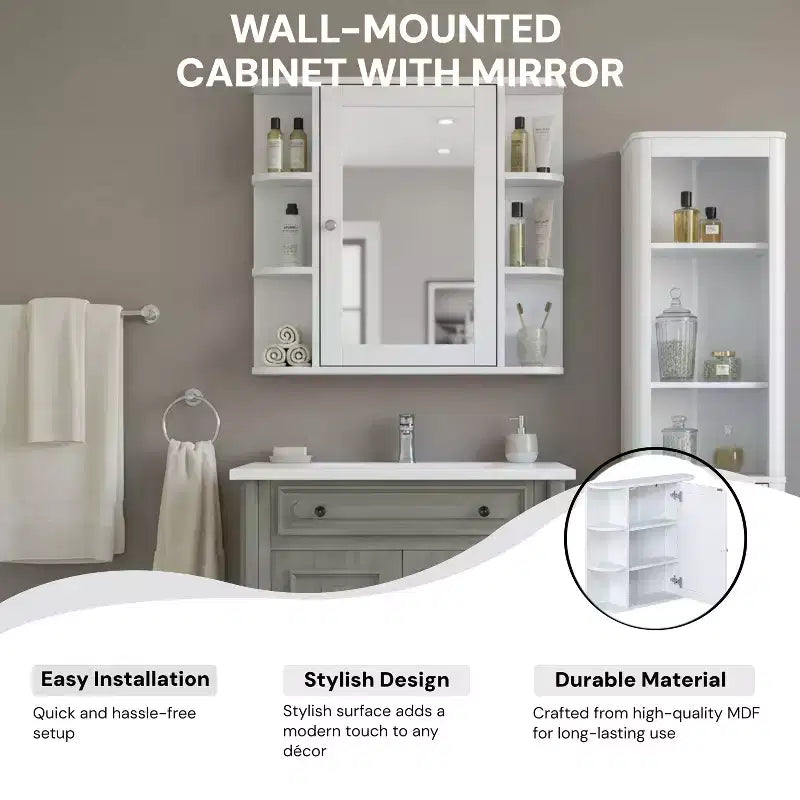 Armoire à pharmacie de salle de bain murale en bois moderne avec miroir et étagères ouvertes