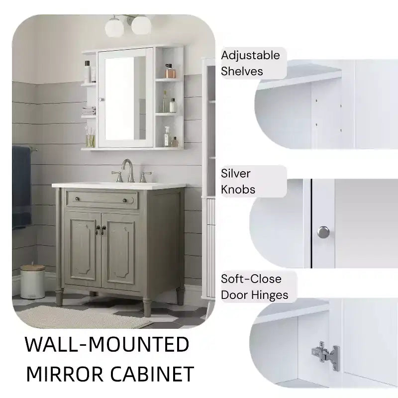 Armoire à pharmacie de salle de bain murale en bois moderne avec miroir et étagères ouvertes
